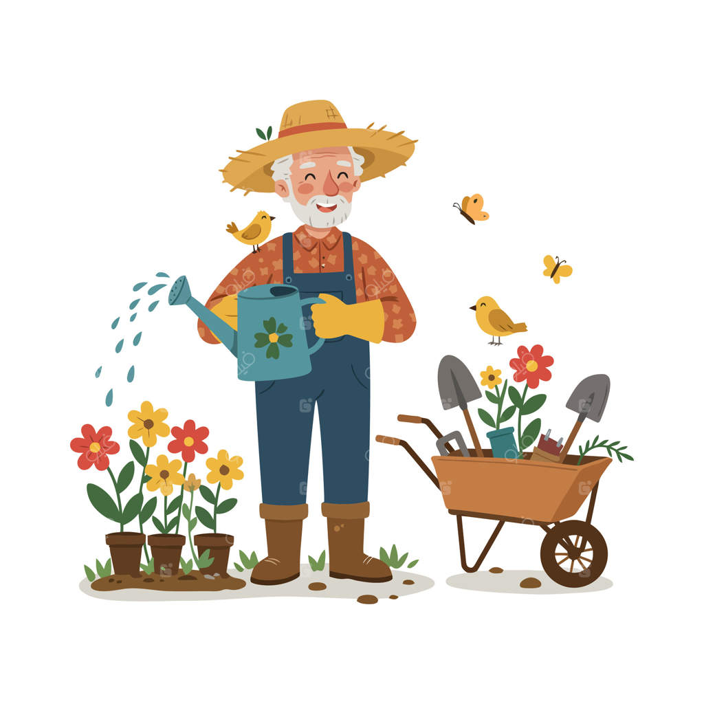 باغبان در حال آبیاری گل‌ها با پرندگان و تصویر چرخ‌دستی