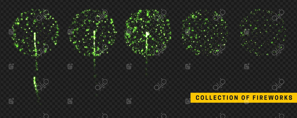 آتش‌بازی سبز جشنواره‌ای: افکت نور روی پس‌زمینه سیاه، طراحی واقعی، تصویر وکتوری