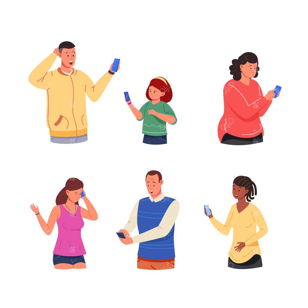 آدم‌های شوکه شده با تلفن: زنی غمگین با پیامک، مردی متعجب از خبر شوکه‌کننده در اپلیکیشن و دختر گریانی که با تلفن احساساتش را نشان می‌دهد.