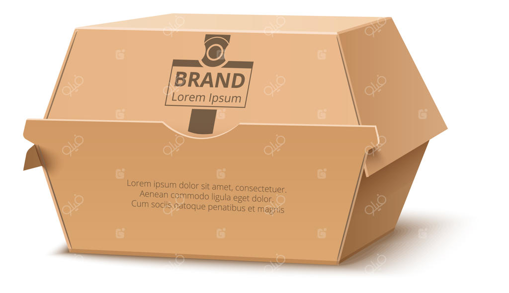 بسته‌بندی غذای خیابانی: جعبه همبرگر مقوایی مربع با لوگوی برند - بسته‌بندی کاغذی واقع‌گرایانه برای تحویل و بازیافت سازگار با محیط‌زیست