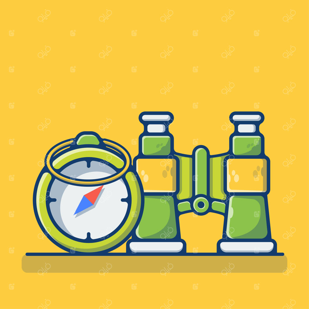 قطب‌نما و دوربین دوچشمی روی پس‌زمینه زرد