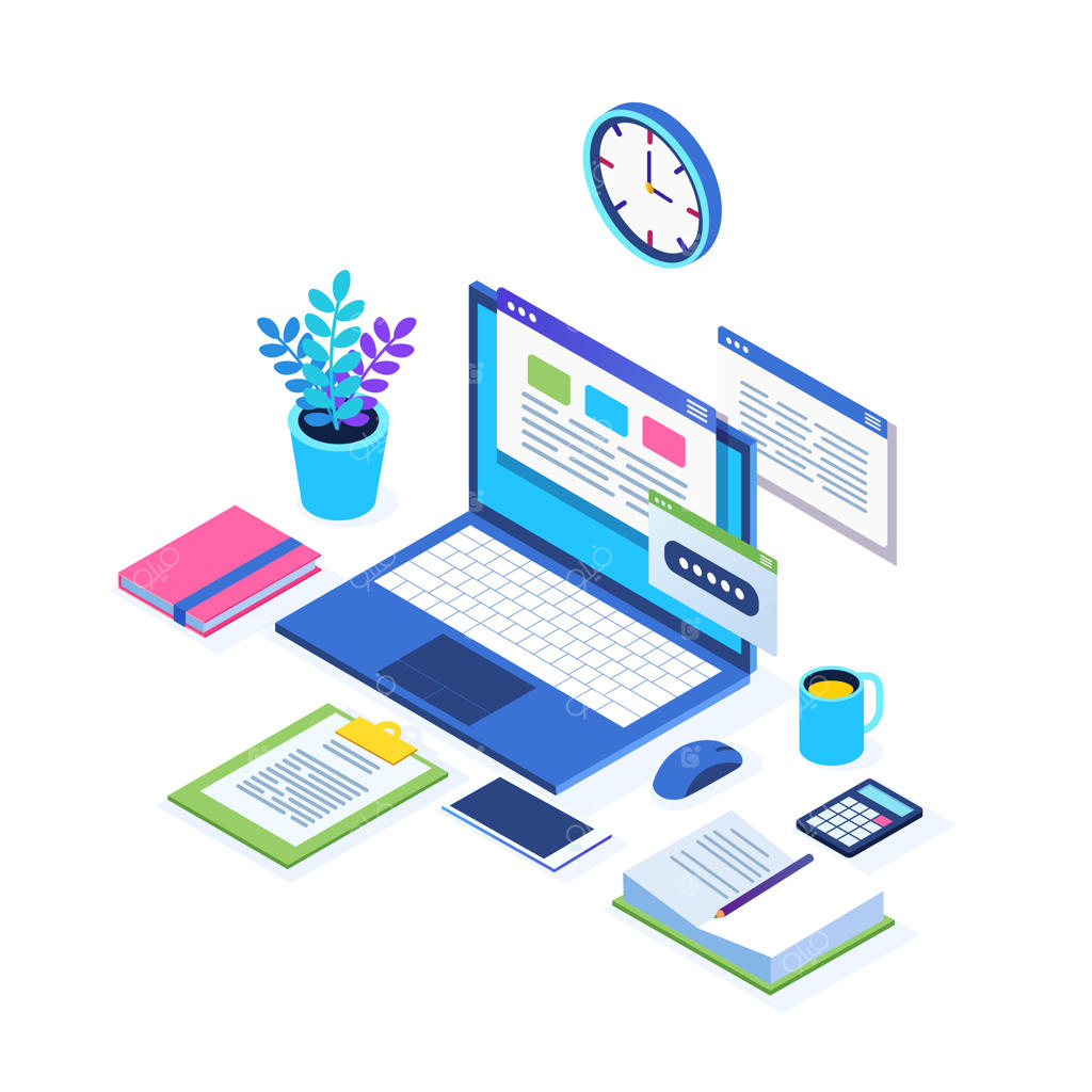 فرآیند کار و مدیریت زمان: محل کار اداری ایزومتریک با کامپیوتر، لپ‌تاپ، موبایل، قهوه، ساعت، تقویم و اسناد برای بنر