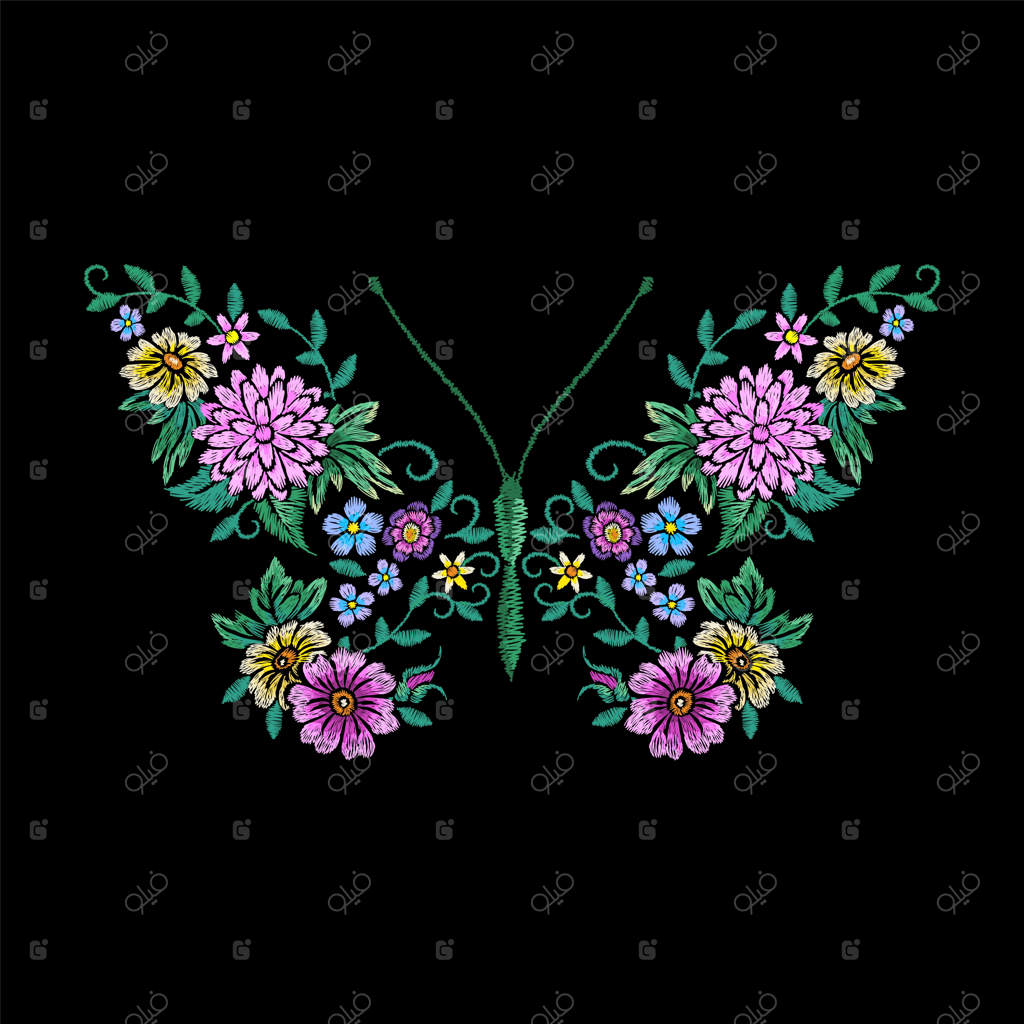 پروانه زیبا با گل‌های دل‌فریب - طراحی چاپ لباس با گلدوزی گل‌های باغبانی شیک - مفهوم مدرن از دگردیسی و دسته‌گل‌های وحشی