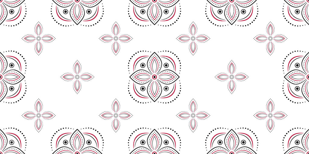 پترن یکپارچه گیاهان قومی. عناصر گل سیاه و قرمز بر روی زمینه سفید. تزئینات گیاهی به سبک سنتی کشور. پس‌زمینه تزئینی با عناصر مربعی هندسی