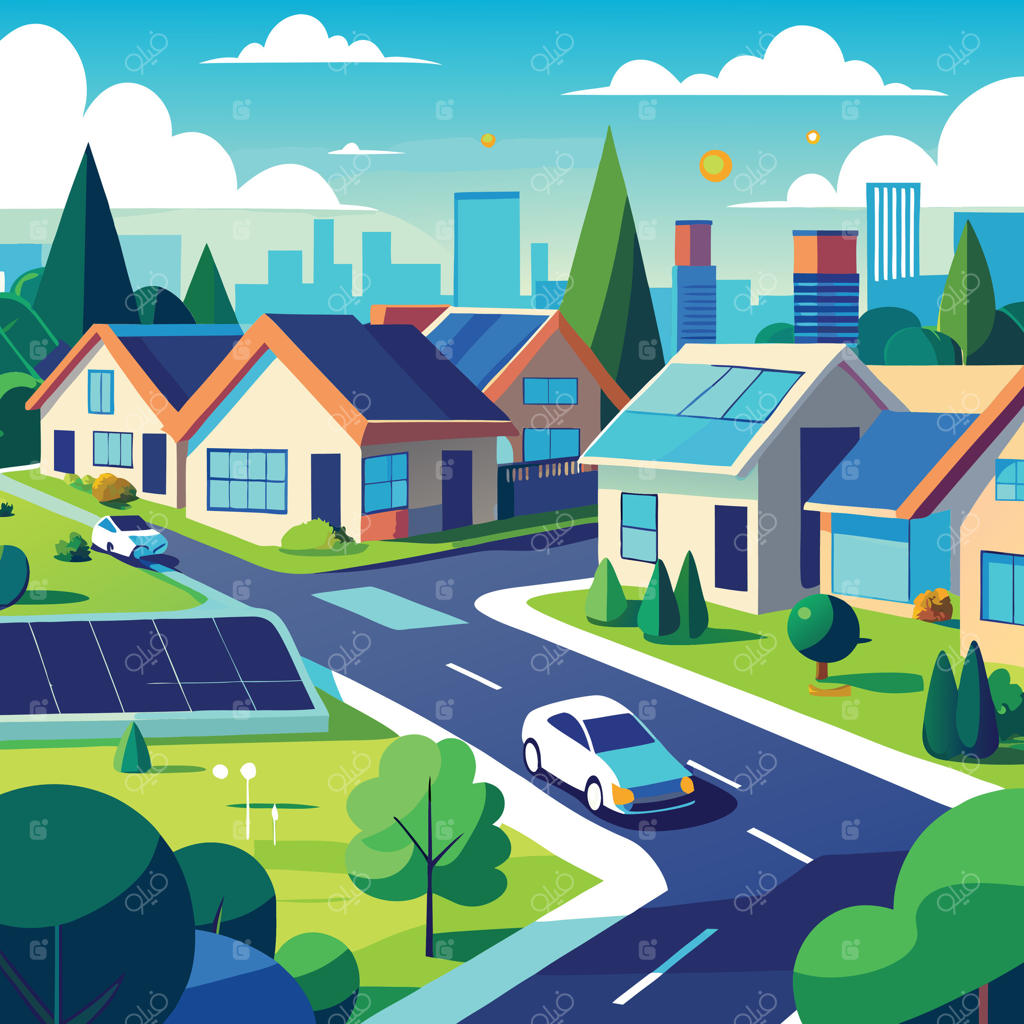 تصویری از شهری با پنل‌های خورشیدی روی بام‌ها