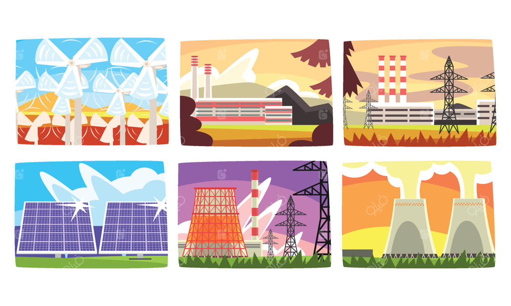 مجموعه نیروگاه‌های سنتی و نوآورانه تولید انرژی زیست‌محیطی، نیروگاه‌های تولید برق، پنل‌های خورشیدی، تصویرسازی نیروگاه‌ها