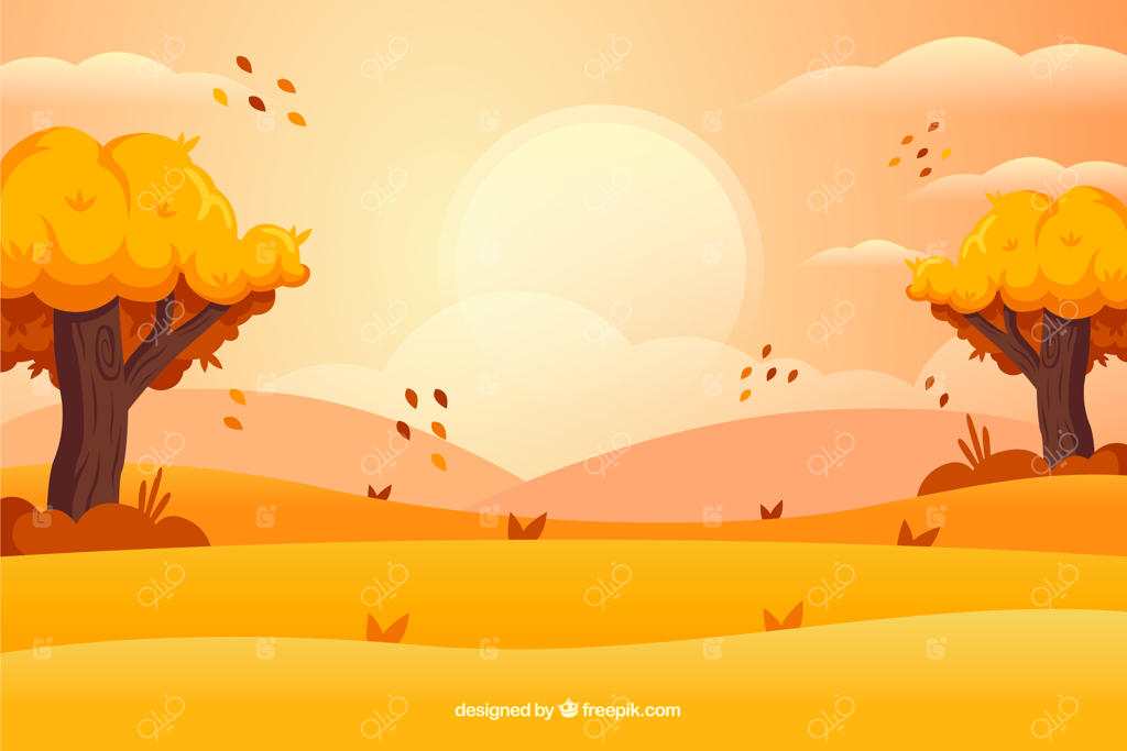 پاییز در پس‌زمینه‌ای با درختان و چشم‌انداز