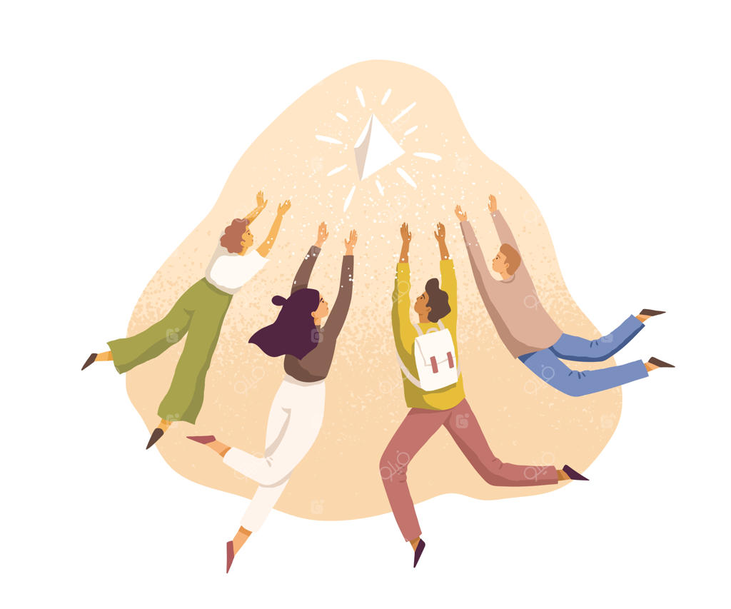 افراد بلندپرواز در تلاش برای پیروزی، دست‌یابی به اهداف مشترک، رسیدن به اهداف تجاری، گرفتن فرصت و تلاش برای موفقیت. مفهوم دست‌یابی به هدف. تصویرسازی وکتور مسطح بر روی زمینه سفید.