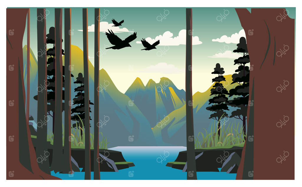 نمای طبیعت کوه و دریاچه با درختان کاج