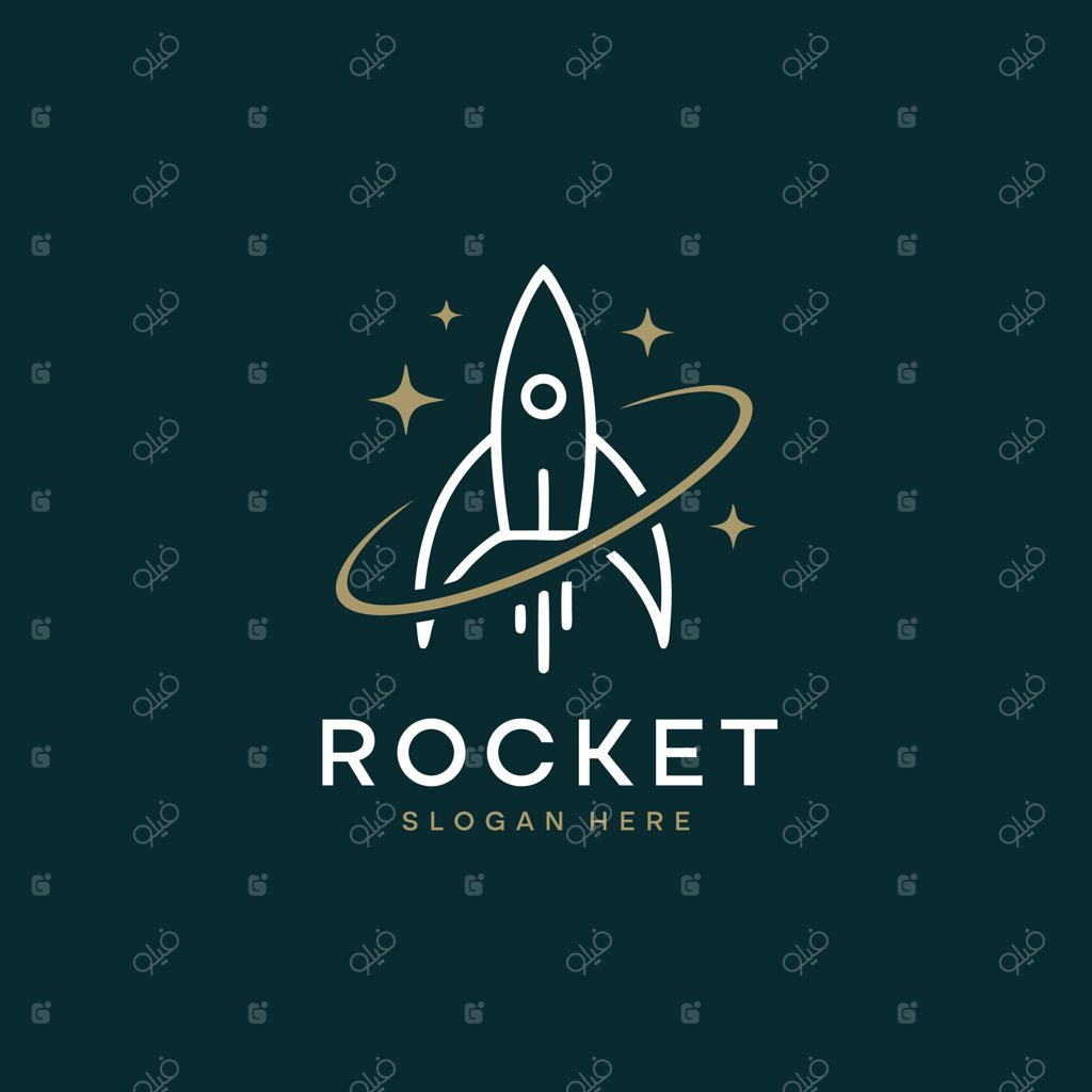 طراحی لوگوی موشک مدرن با حلقه مداری و ستاره‌ها، نمادی از نوآوری، رشد استارتاپ و اکتشافات فضایی آینده‌نگر بر روی زمینه تیره