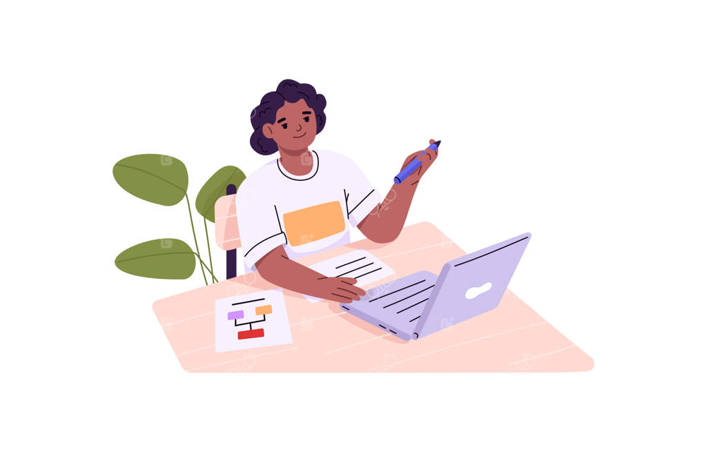 دانش‌آموز مدرسه‌ای در حال تحصیل آنلاین با لپ‌تاپ پشت میز - مفهومی از آموزش از راه دور - تصویرسازی تخت از یادگیری کودک، ایزوله روی پس‌زمینه سفید