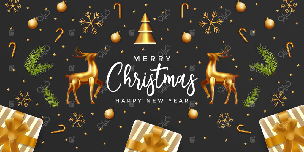کریسمس مبارک و سال نو خوش در زمینه مشکی با آرایش طلایی کریسمس