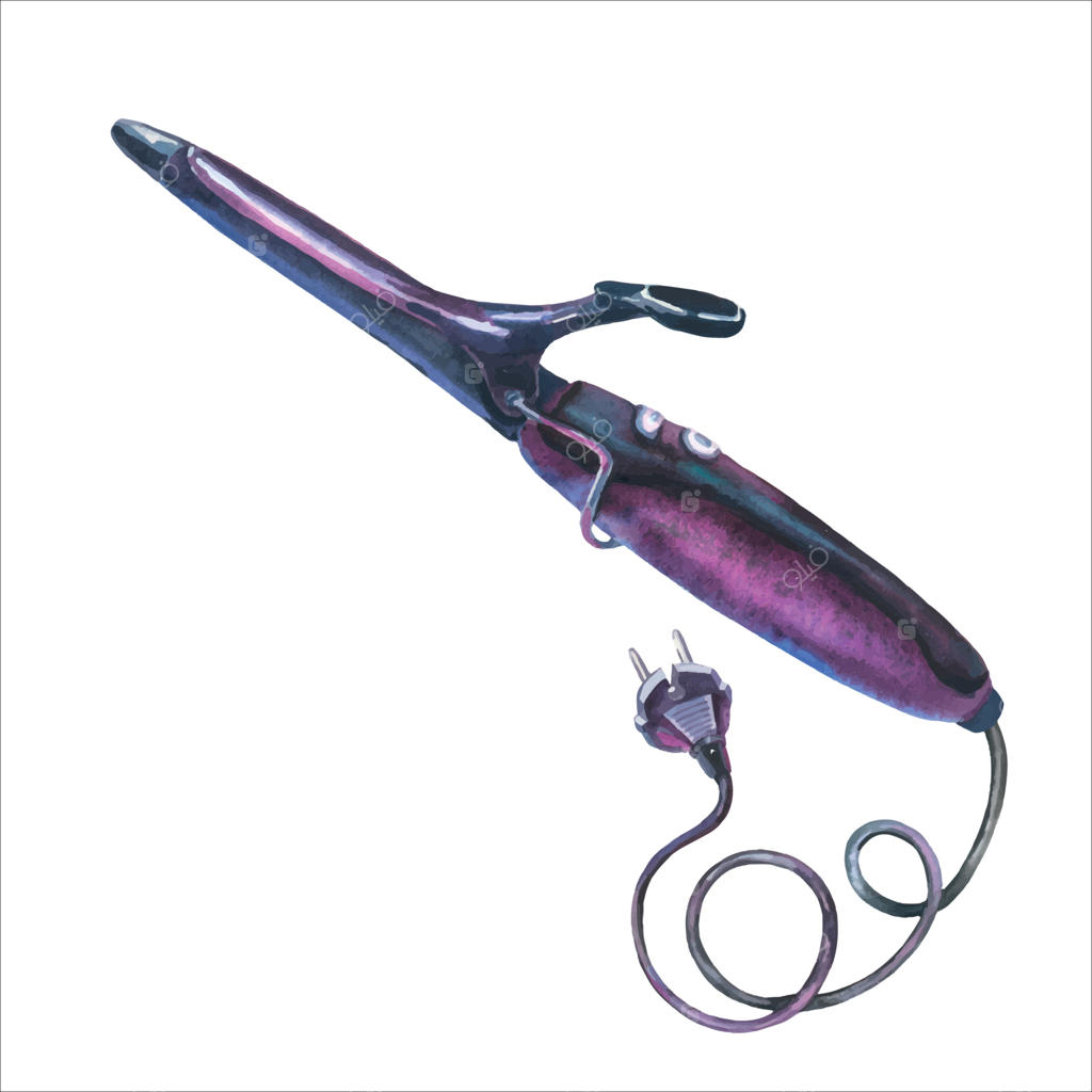 تصویر وکتور آبرنگی از اتوی فرکننده حرفه‌ای، روی زمینه سفید. وسیله آرایشگاه. طرح آرایشگری. لوازم آرایش و پیرایش مو