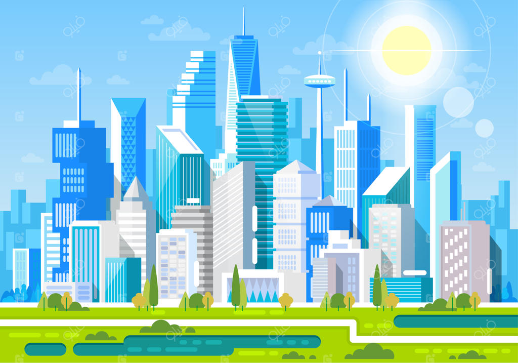 چشم‌انداز شهری با ساختمان‌ها: خانه‌های شخصی، پارک‌ها و کوه‌ها. مرکز اداری - تصویرسازی