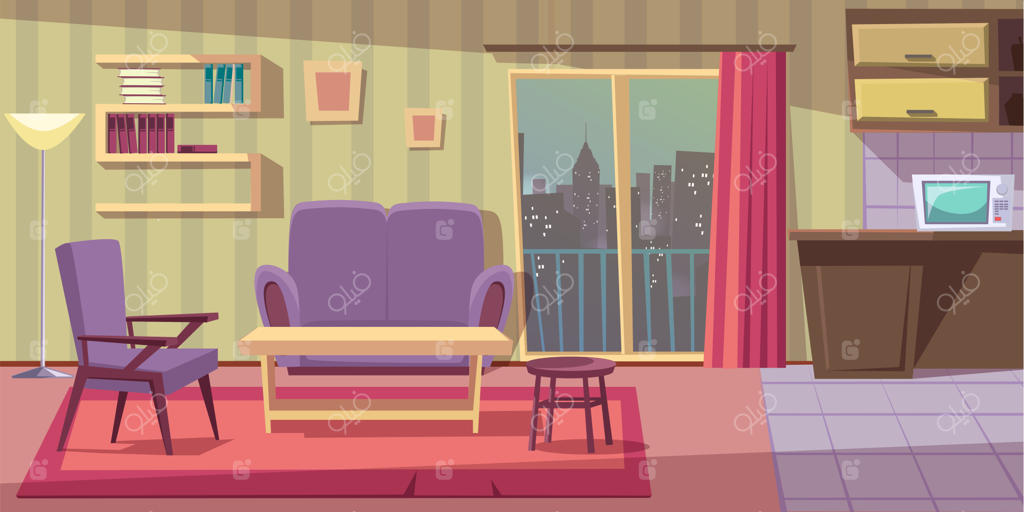 فضای داخلی اتاق نشیمن آپارتمان استودیویی: آشپزخانه و منطقه استراحت با مبل، صندلی راحتی، میز قهوه و چهارپایه روی فرش