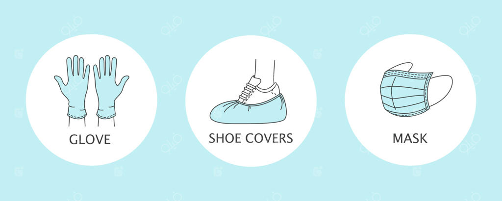 ماسک پزشکی، دستکش لاستیکی و کاور کفش: نمادهای بهداشت فردی و محافظت در برابر ویروس. تصویر سازی وکتور