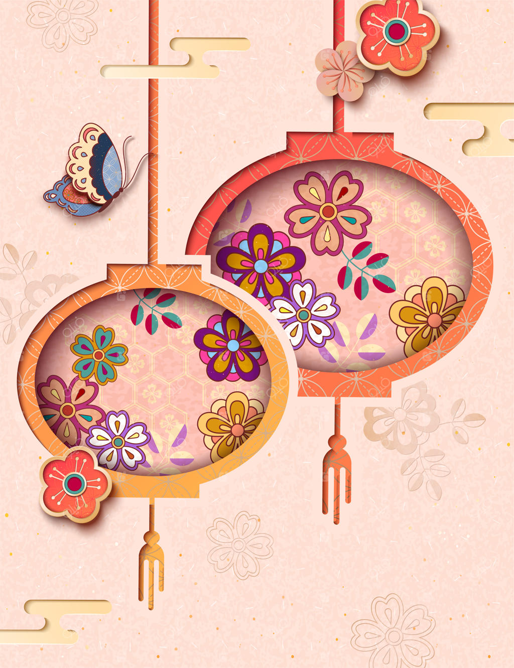 فانوس‌های گل‌دار آویز و جذاب با پروانه‌ها در پس‌زمینه صورتی روشن