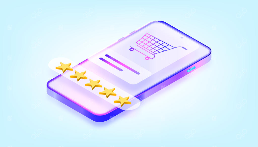 مفهوم رتبه‌بندی برنامه خرید آنلاین. تصویرسازی سه‌بعدی با گرادیان رنگی.