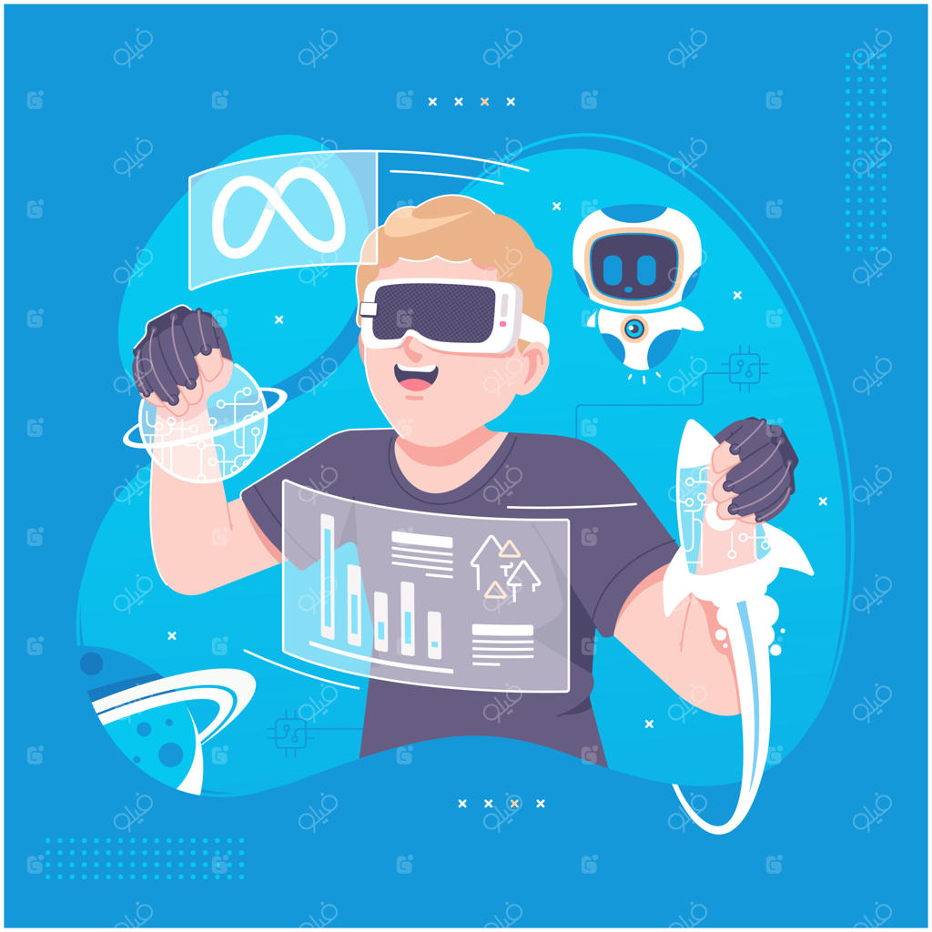 پس‌زمینه‌ای با تصویرسازی از فناوری دستکش های متا و واقعیت مجازی آینده‌نگر