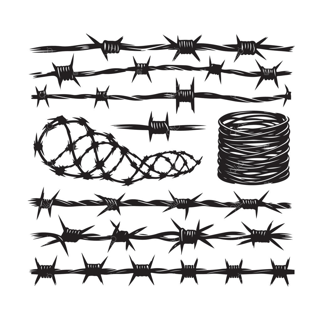 مجموعه سیم خاردار بر روی پس‌زمینه سفید. سیم تیغ‌دار در سبک مینیمال و هندسی مدرن. مجموعه حصار زندان خشن. تصویرسازی مناسب برای طراحی وب.