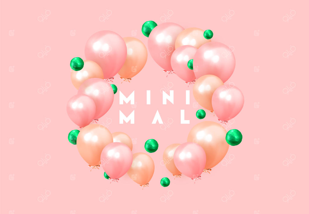 پس‌زمینه جشن با بادکنک‌های هلیومی. جشن تولد بگیرید، پوستر یا بنر، سالگرد شادی. عناصر طراحی تزئینی واقعی. شیء سه‌بعدی بادکنک، رنگ صورتی و نارنجی.