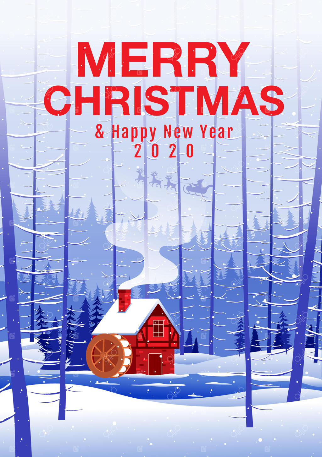 خانه‌ای در جنگل با پس‌زمینه زمستانی: کریسمس مبارک و سال نو خوش!