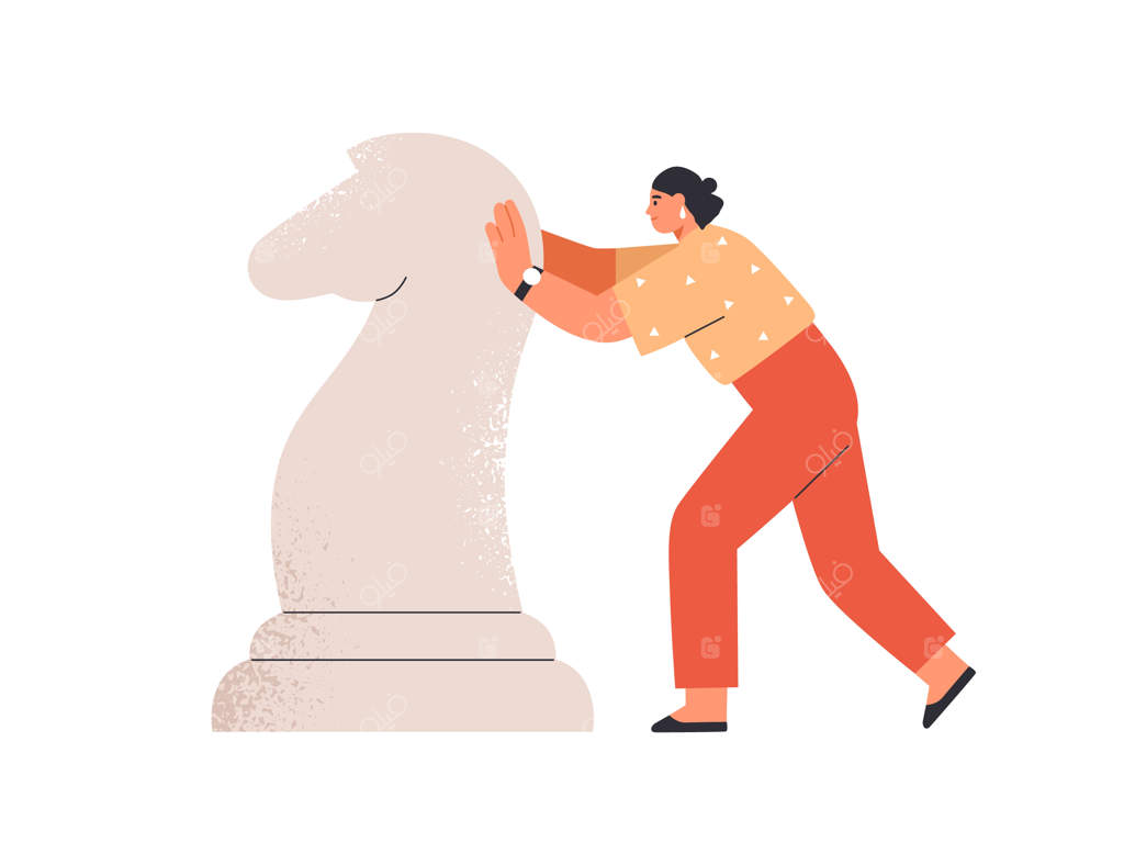 فردی با اراده و اعتماد به نفس، حرکت مهره شطرنج به سوی هدف. مفهوم استراتژی کسب‌ و کار. زنی جاه‌ طلب با تفکر استراتژیک. تصویرسازی وکتور تخت.