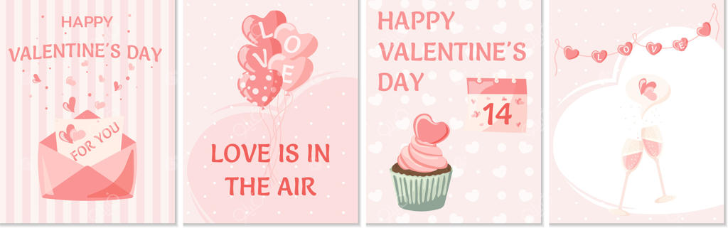 ست ۴ کارت‌پستال. تصویرسازی بامزه به سبک کارتونی. تصویرسازی مدرن و شیک برای روز ولنتاین، روی زمینه سفید، طراحی دستی و تخت.