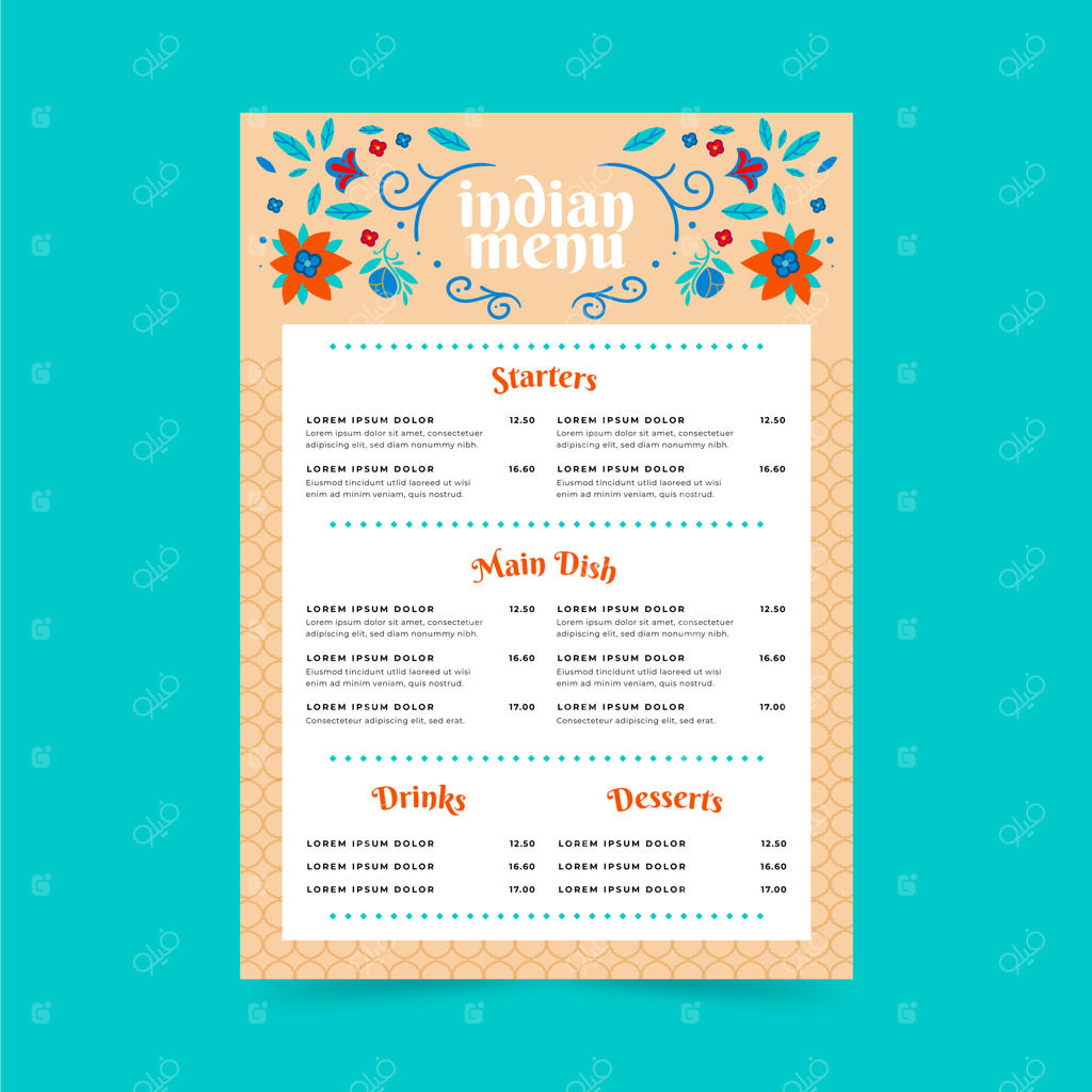 قالب منوی هندی با طراحی دست ساز و سبک ساده