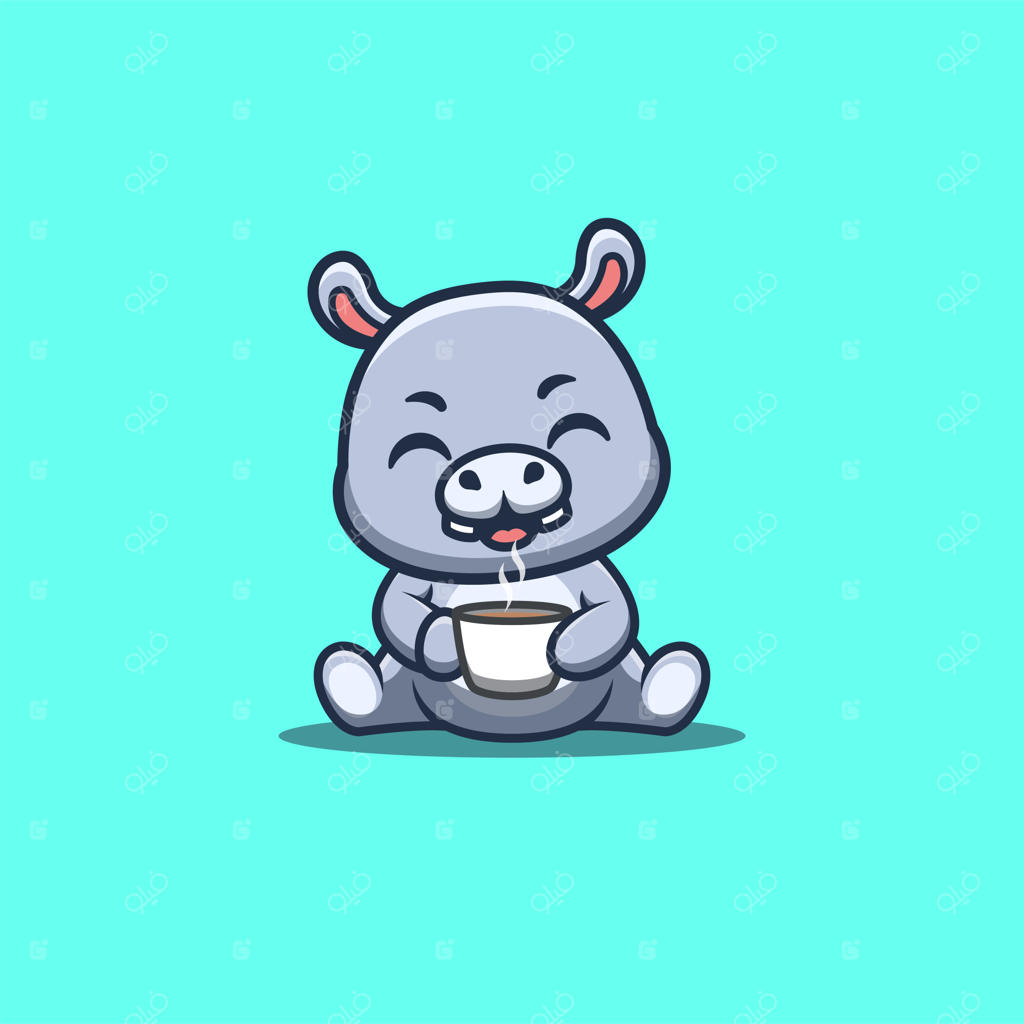 هیپو بامزه نشسته با قهوه - لوگوی شخصیت کارتونی خلاقانه و کاوایی