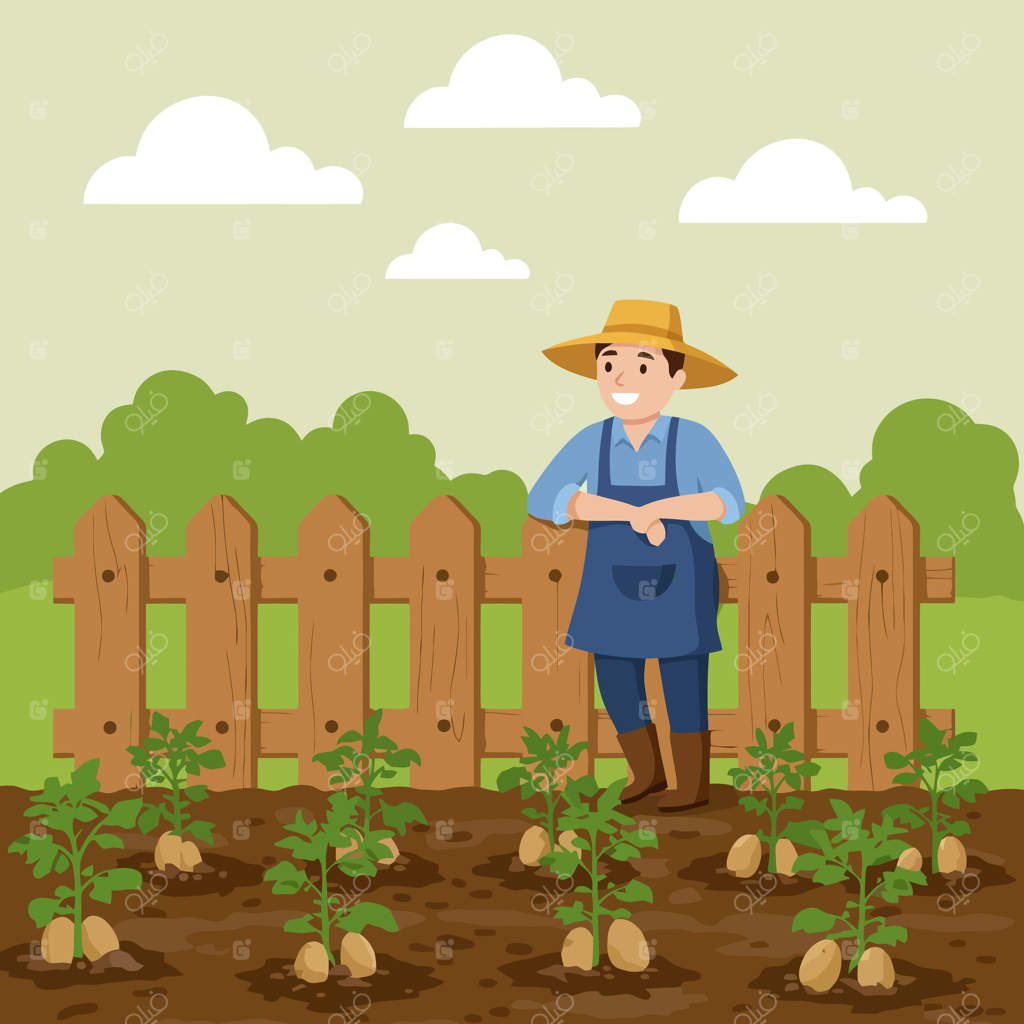 تصویر کشاورز در حال استراحت کنار حصار با سیب‌زمینی‌هایی که در باغ رشد می‌کنند