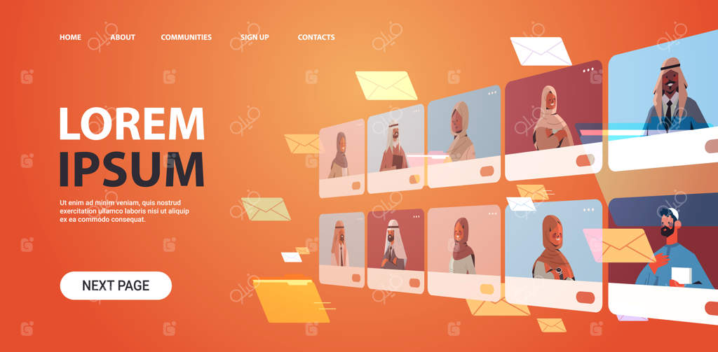 افراد عرب در پنجره‌های مرورگر وب در حال بحث در کنفرانس مجازی تصویری: مفهوم ارتباط آنلاین ، پرتره افقی ، فضای خالی ، تصویر برداری