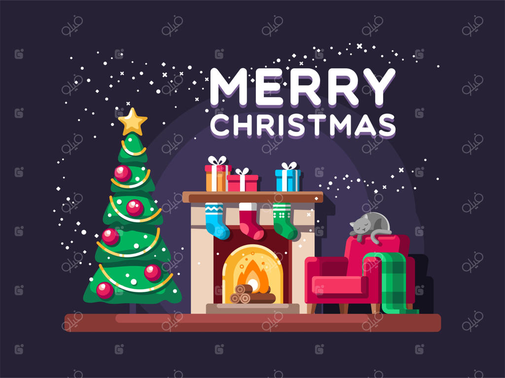 تصویر کارت کریسمس: اتاق نشیمن با درخت، هدایا و شومینه