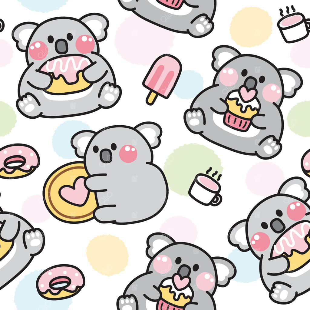 پترن بی‌وقفه از کوالاهای بامزه با دسرهای متنوع و پس‌زمینه شیرین. طراحی کارتونی از این حیوانات وحشی. دونات، قهوه، بستنی. مناسب برای کارت، محصولات کودک و چاپ روی لباس.