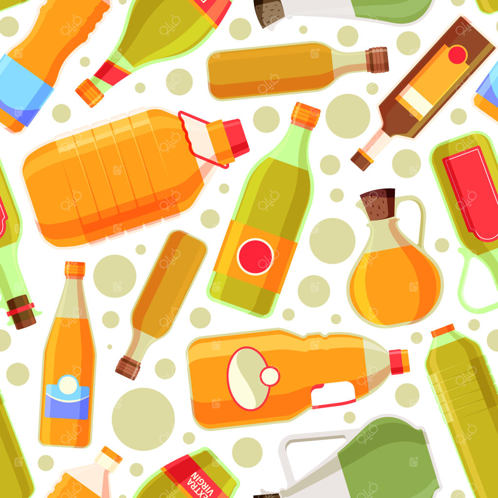 پترن روغن: مشروب زرد رنگ در بطری‌ها برای پخت و پز - پس‌زمینه یکپارچه وکتور