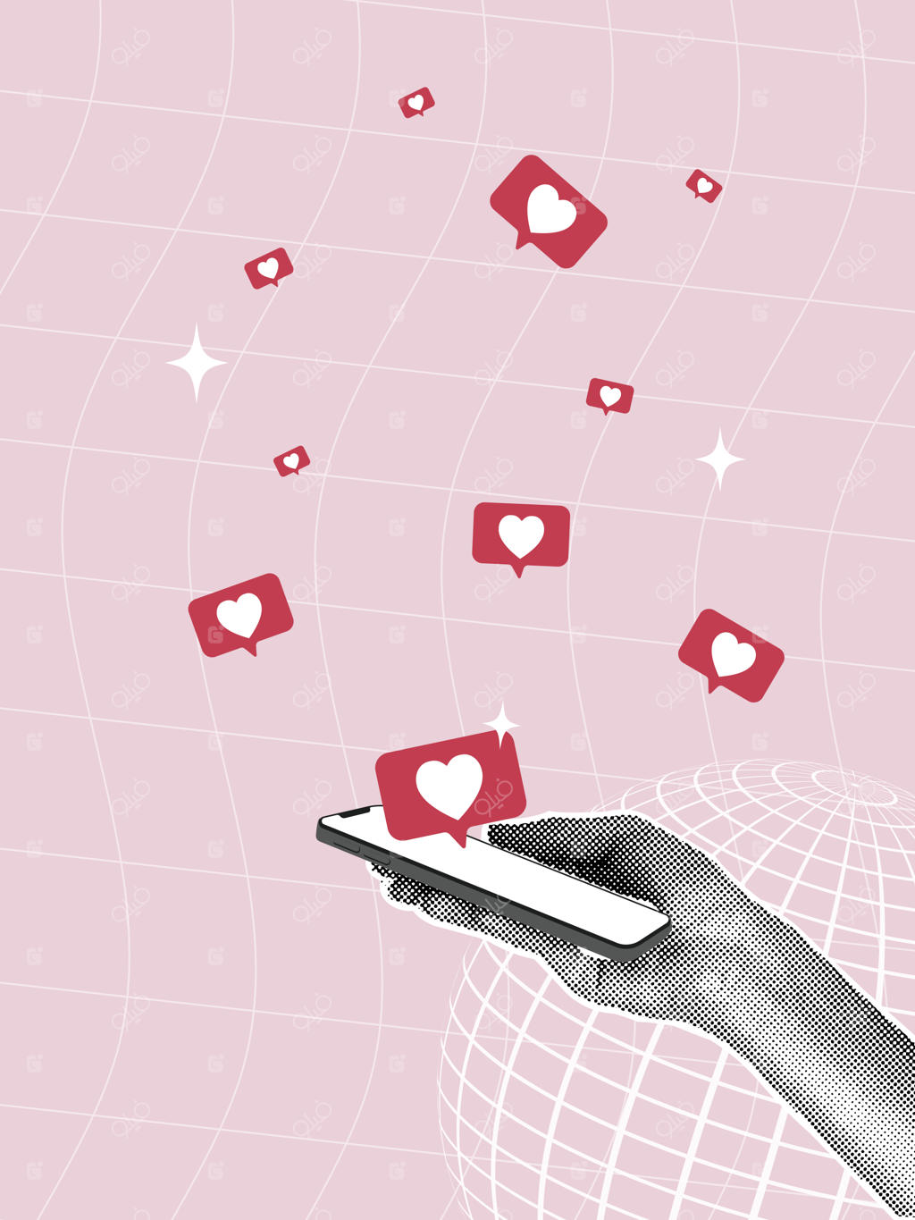 مفهوم کلاژ هالفتون مد روز از ارتباطات آنلاین و تبریک به یکدیگر با نمای دست‌ها