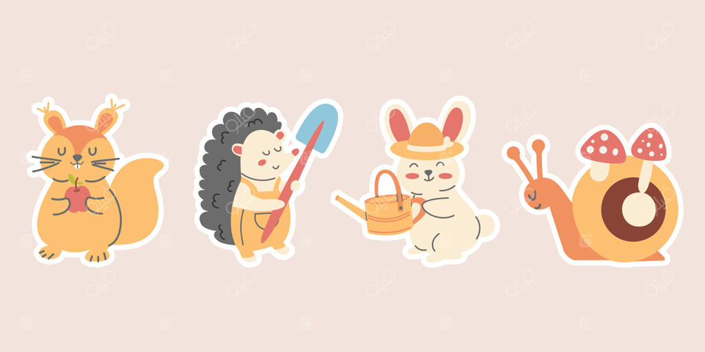 برچسب‌های کاراکتری: سنجاب باغ، جوجه‌تیغی، خرگوش، حلزون، طراحی دستي