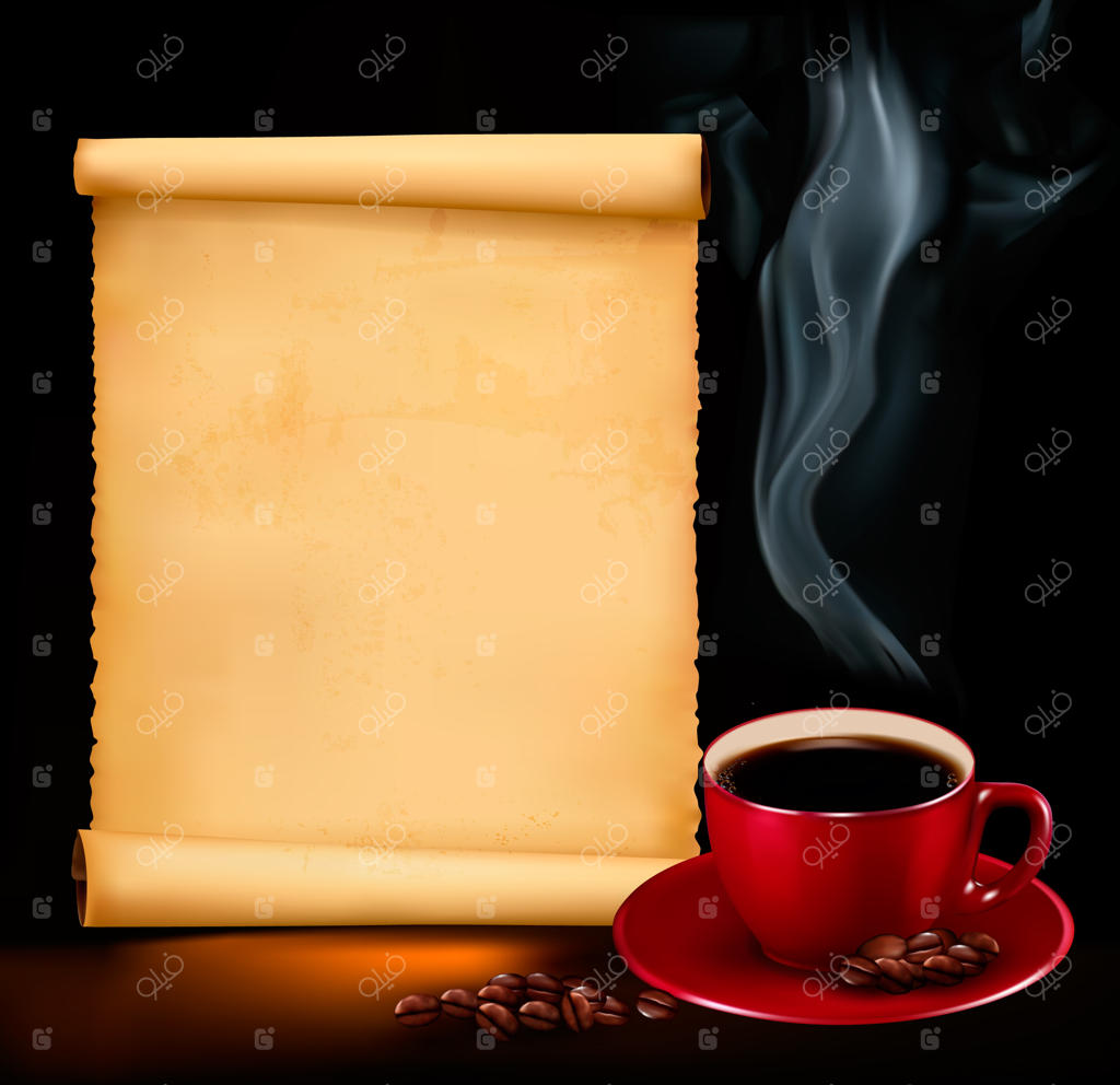 پشت‌زمینه‌ای با فنجان قهوه و کاغذ قدیمی