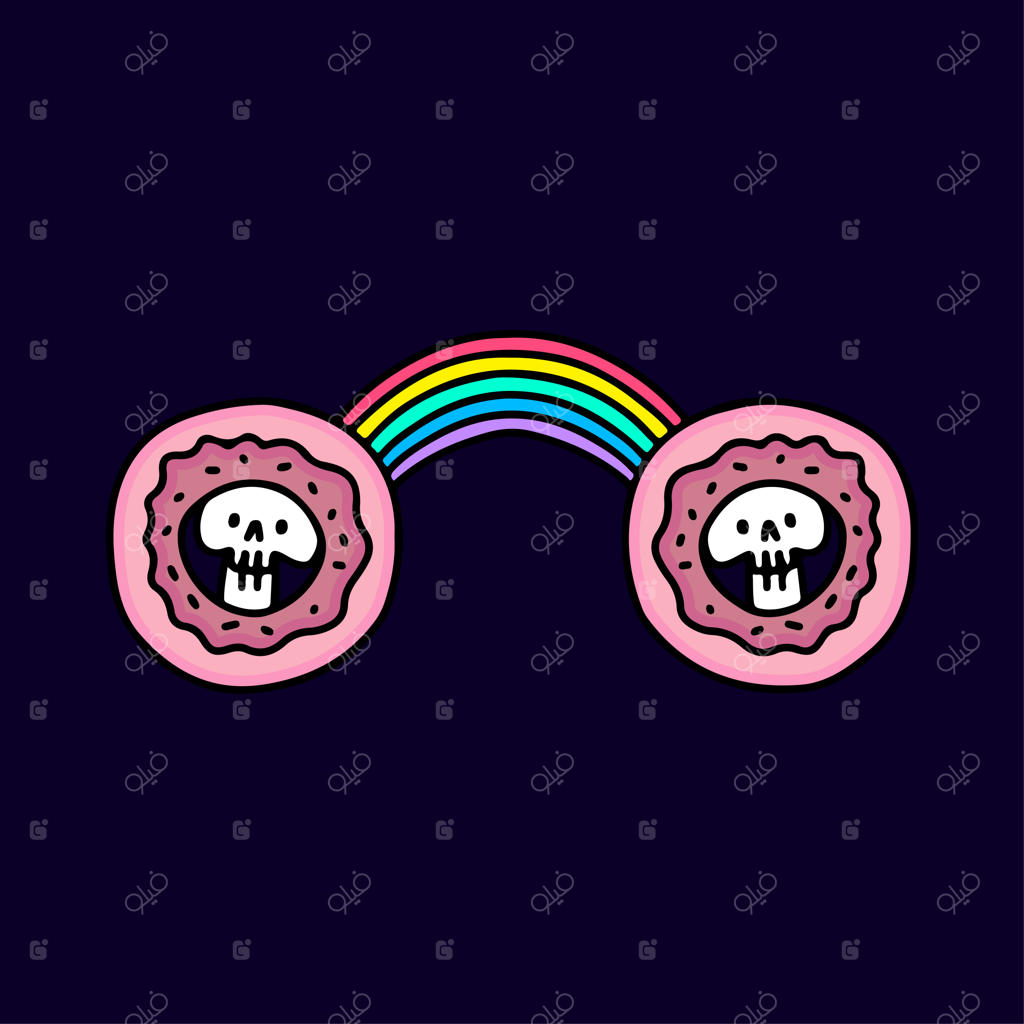 تصویر کارتونی دونات جمجه‌ای رنگین‌کمانی برای تی‌شرت، استیکر و لوازم دیگر.