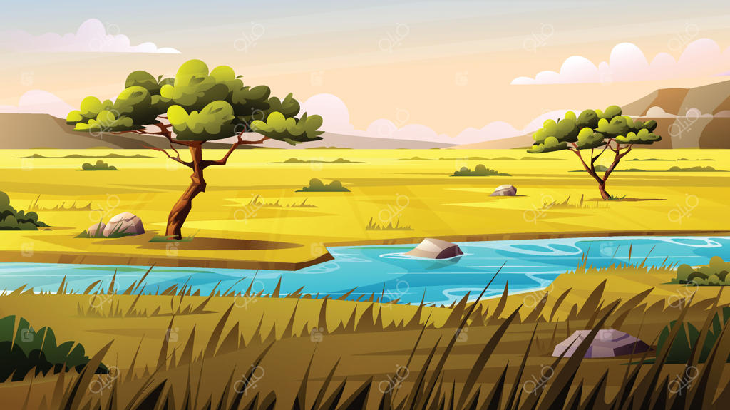دشت ساوانا با درختان و رودی که از میان جلگه‌ها می‌گذرد. تصویرسازی منظره کارتونی