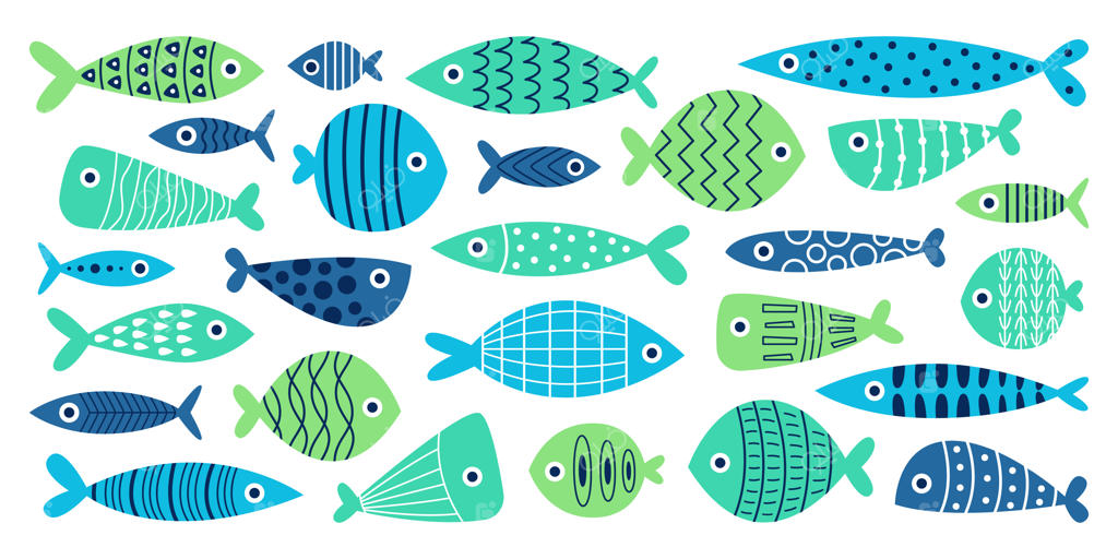 مجموعه آیکون‌های تخت ماهی‌های انتزاعی با طراحی دستی و نقوش رنگارنگ تزئینی