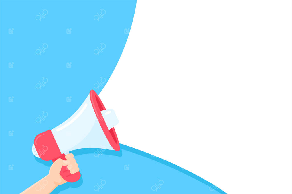 دستی که بلندگو را نگه داشته و پیام شما را با صدای بلند در حباب‌ها فریاد می‌زند.