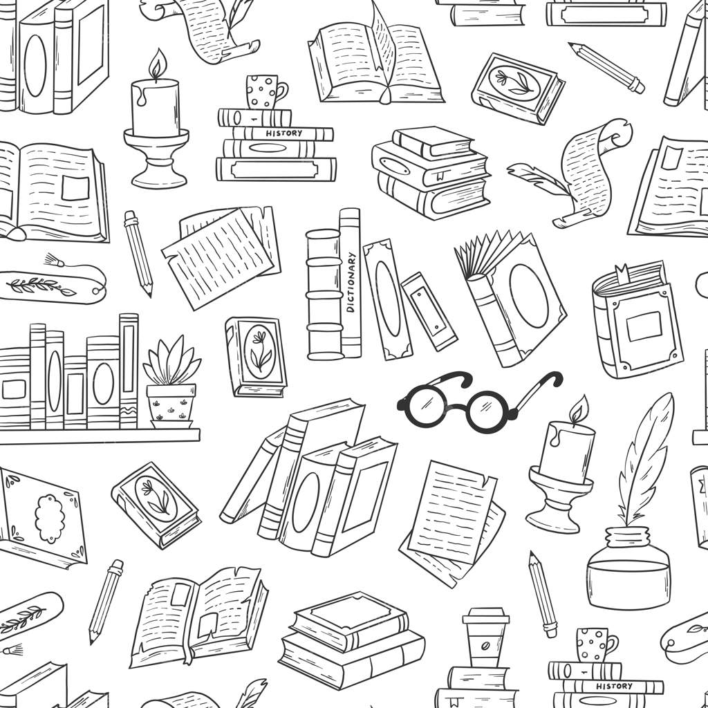 پترن یکپارچه نقاشی کتاب‌ها برای پس‌زمینه‌ها و صفحات رنگ‌آمیزی