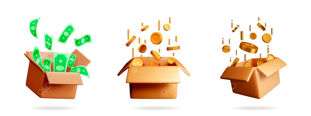 افتادن اسکناس و سکه درون جعبه مقوایی