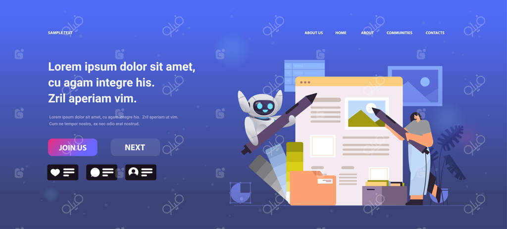 توسعه‌دهنده زن با ربات دستیار در حال ساخت رابط کاربری وب‌سایت - بهینه‌سازی نرم‌افزار و فناوری هوش مصنوعی