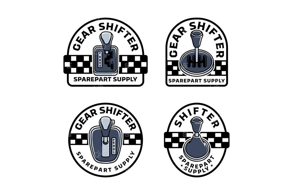 تصویر رنگارنگ دسته دنده به صورت لوگوی جسورانه. نشان قطعات یدکی خودرو. برچسب سردنده کلاچ برای برندینگ گاراژ. شامل اهرم‌های دنده دستی و اتوماتیک.