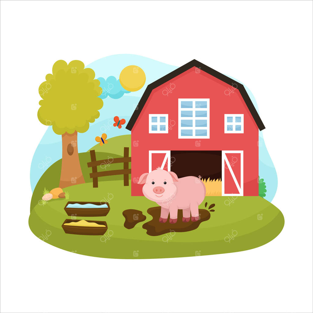 صحنه‌ای زیبا از حیوانات مزرعه با خوکی کوچک در حال بازی در گل و لای قهوه‌ای. در پس‌زمینه، مزرعه‌ای با آشیانه‌ای قدیمی و یک باغ دیده می‌شود. تصویرسازی دلنشین برای کودکان