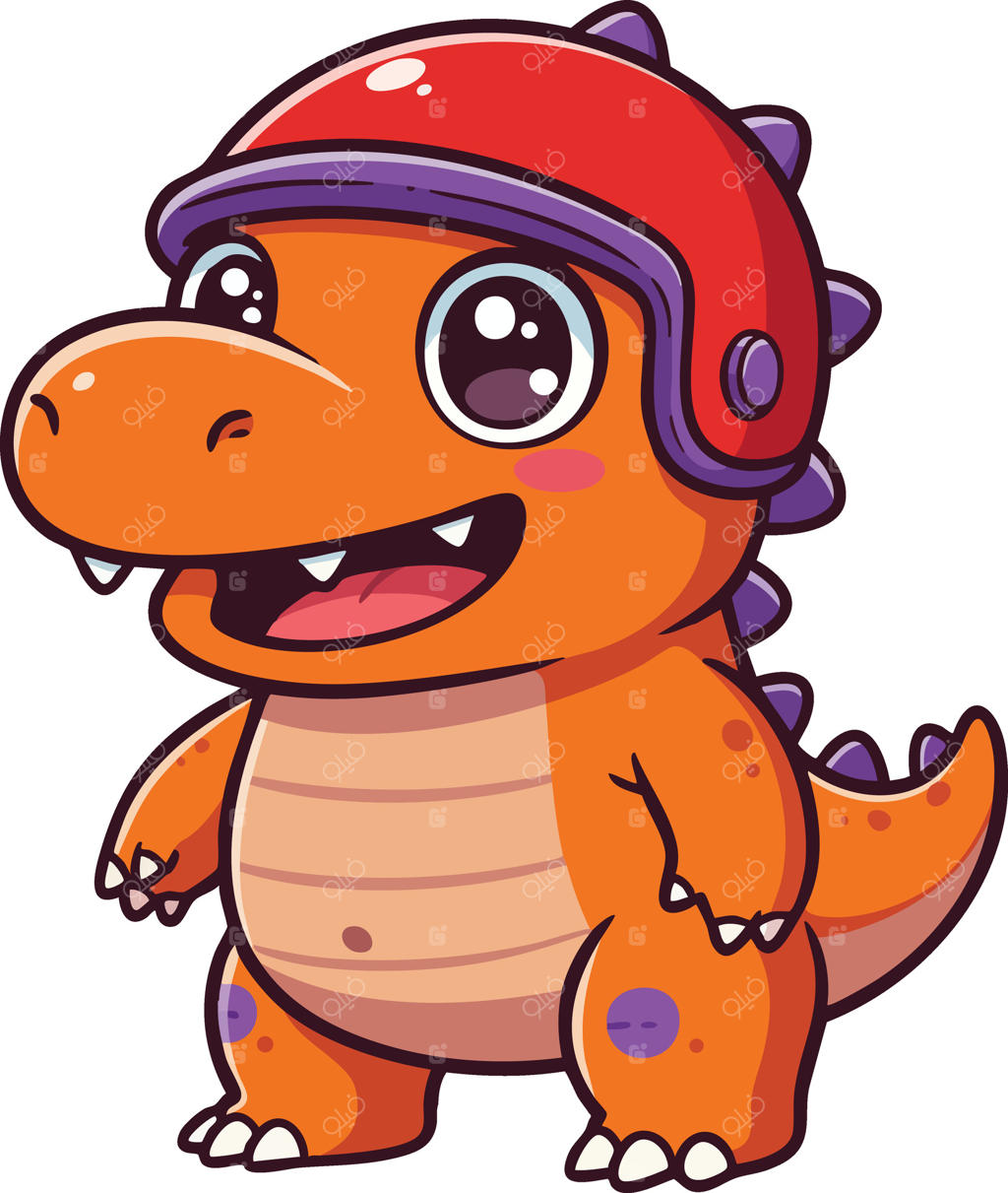 تصویر شخصیت کارتونی دایناسور نارنجی بامزه با کلاه قرمز و تیغ‌های بنفش