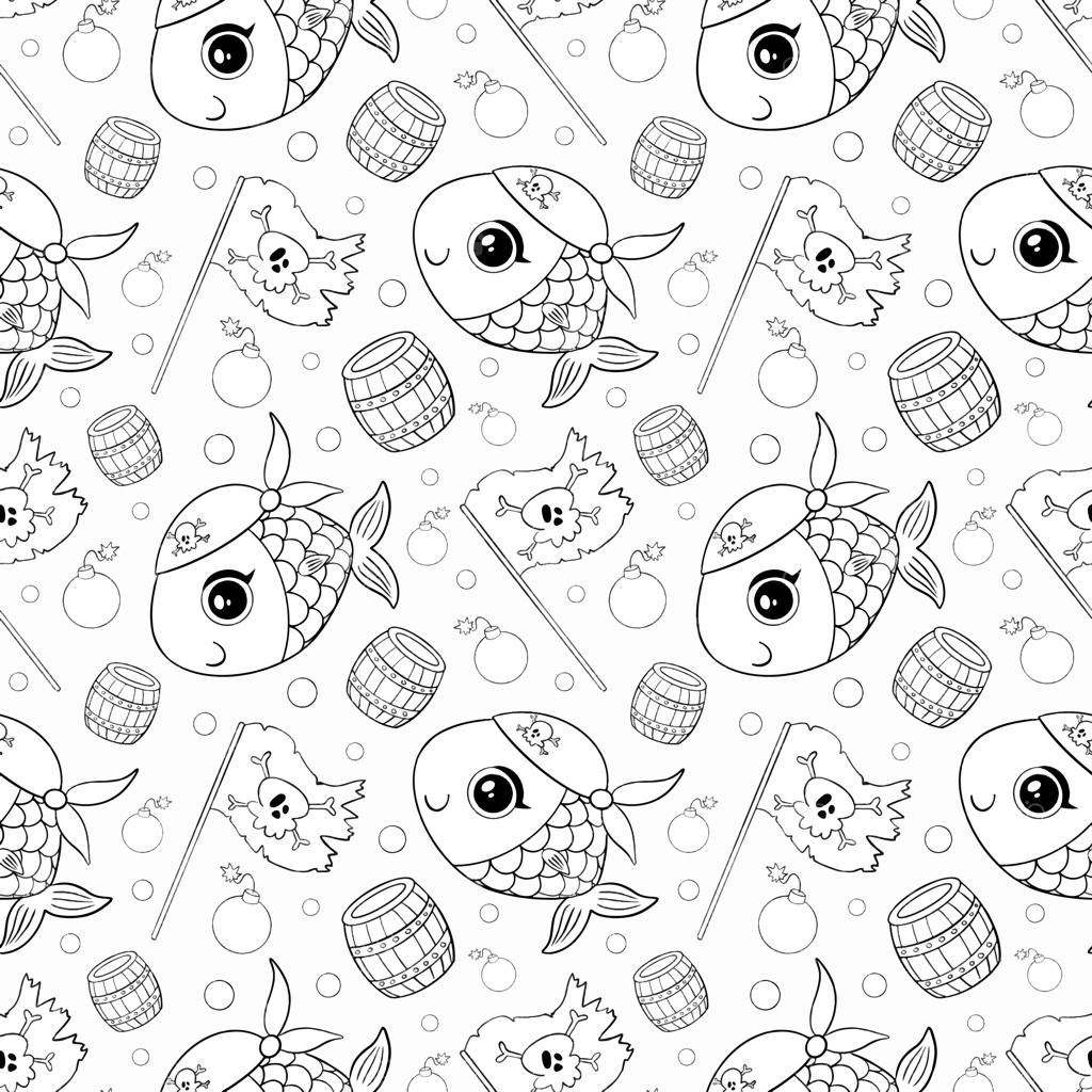 الگوی بی‌پایان حیوانات دزدان دریایی کارتونی بامزه. طرح ماهی دزد دریایی. صفحه رنگ‌آمیزی ماهی دزد دریایی