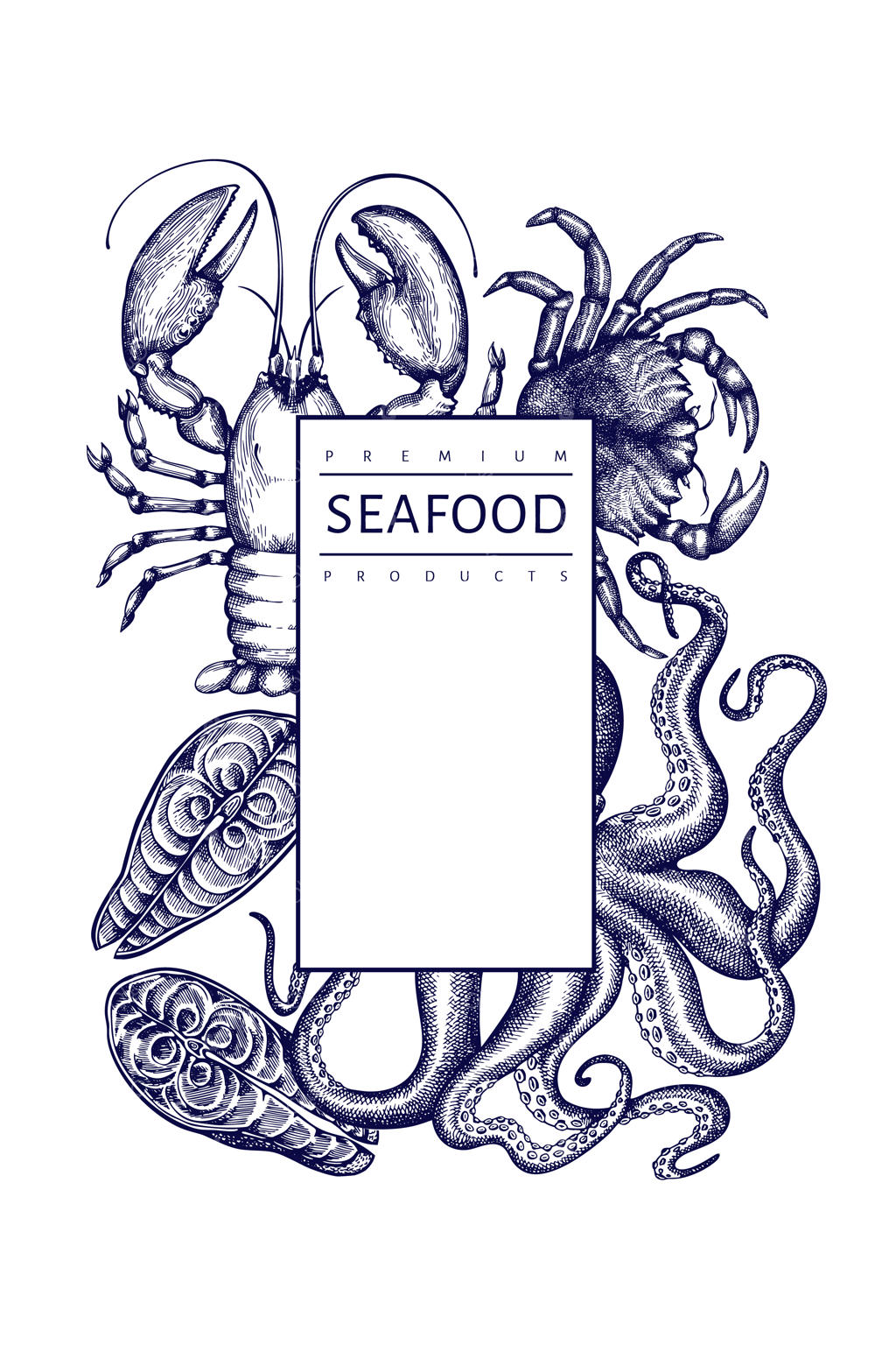 پترن غذاهای دریایی: تصاویری از غذاهای دریایی با دست طراحی‌شده. بنر مواد غذایی به سبک حکاکی. پس‌زمینه‌ای با طرح حیوانات دریایی به سبک کلاسیک